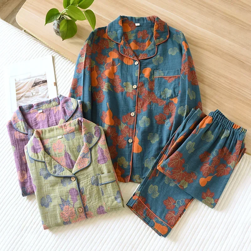 2025 Japanese Spring and Autumn New Women's Pajama Set 100% Cotton Vintage Long sleeved Pants Two Piece Set for Home Furnishings