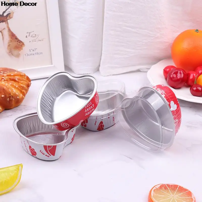 10Pcs/lot 100ml Heart Shaped Cupcake Cup With Lids Flan Baking Pans Aluminum Foil Cake Pan For Wedding Birthday Party Supplies