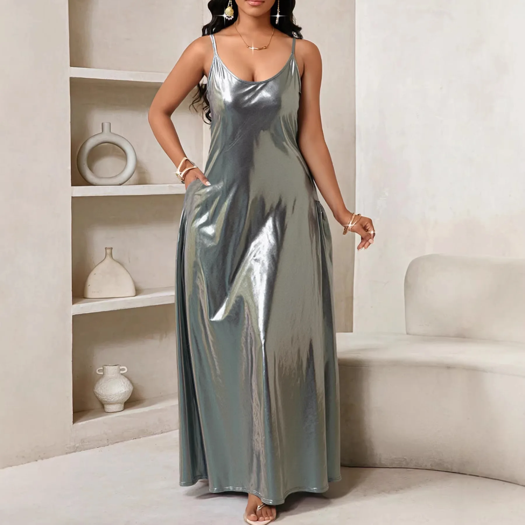 S-5XL Plus-Size-Kleider für Damen, Frühling, Sommer, 2026, modisch, ärmellos, Polyester, Grau, Rot, Blau, Grün, lange Maxikleider, Outfits