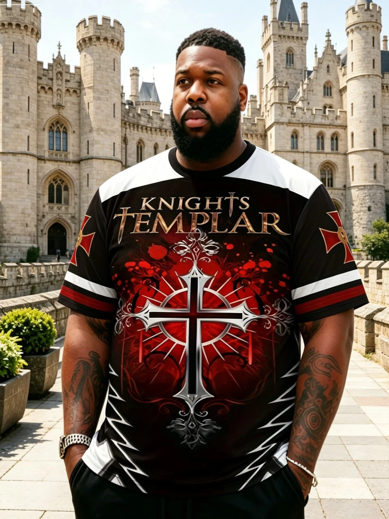 Men's Knights Templar Graphic T‑Shirt, Medieval Cross Vintage Art Print Crew Neck Short Sleeve Casual Streetwear Tee Top