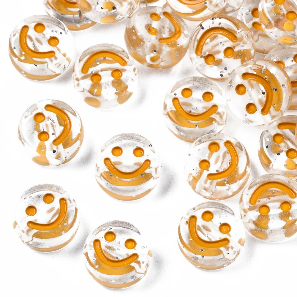 

500g Transparent Acrylic Beads Horizontal Hole with Glitter Powder & Enamel Flat Round with Smile Face Gold 10x5mm Hole: 2mm