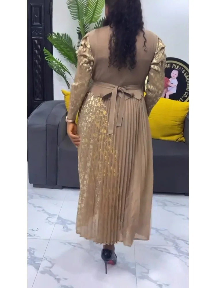 فستان EGRM عالي المرونة بطيات للنساء بياقة دائرية وأكمام طويلة وأربطة مطبوعة فساتين غير منتظمة الطيات 2025 جديد 6R4018