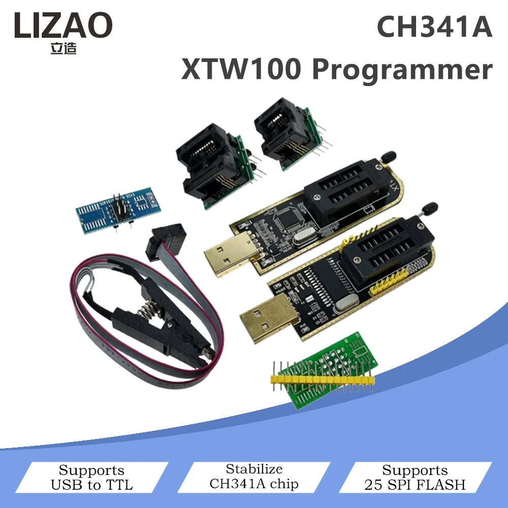 CH341A XTW100 USB Programmer Kit Supports 25 SPI FLASH BIOS/EEPROM Chip Read/Write With SOIC8 Clip Adapter USB to TTL Function