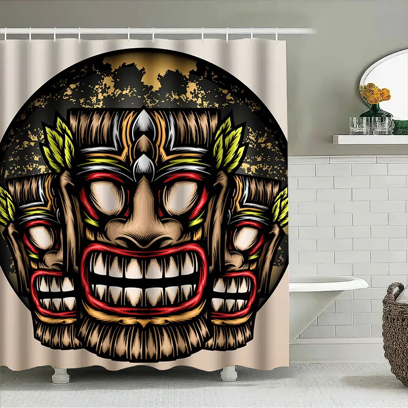 

Tuniu Tiki Mask Print Shower Curtain Tribal Polynesian Art Wall Decor for Bathroom