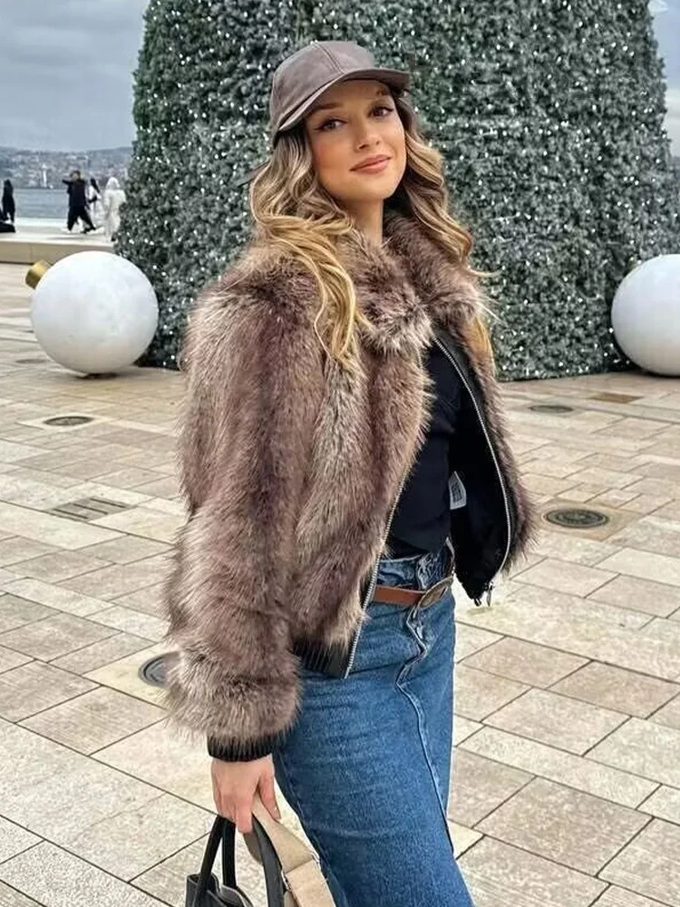 HH Women's Winter New Fashion Sepia Lapel Contrast Fur All-in-One Jacket Female Zipper Pocket Decoration Thick Jacket Mujer