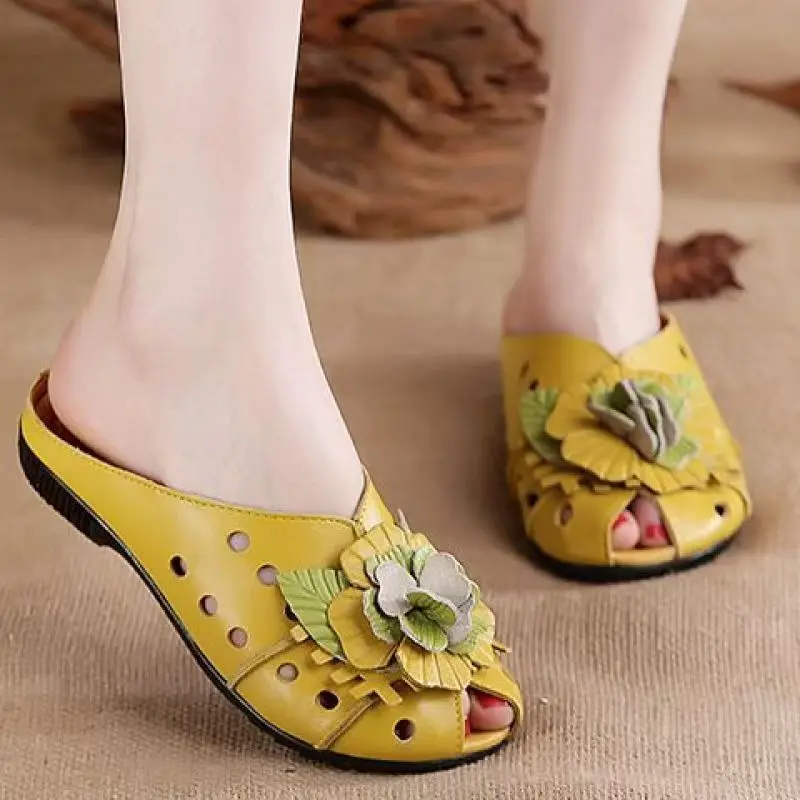 

Women's Real Leather Baotou Hollow Out Half Slippers Summer New Soft Sole Non Slip Breathable Floral Outdoor Flat Sole Slippers