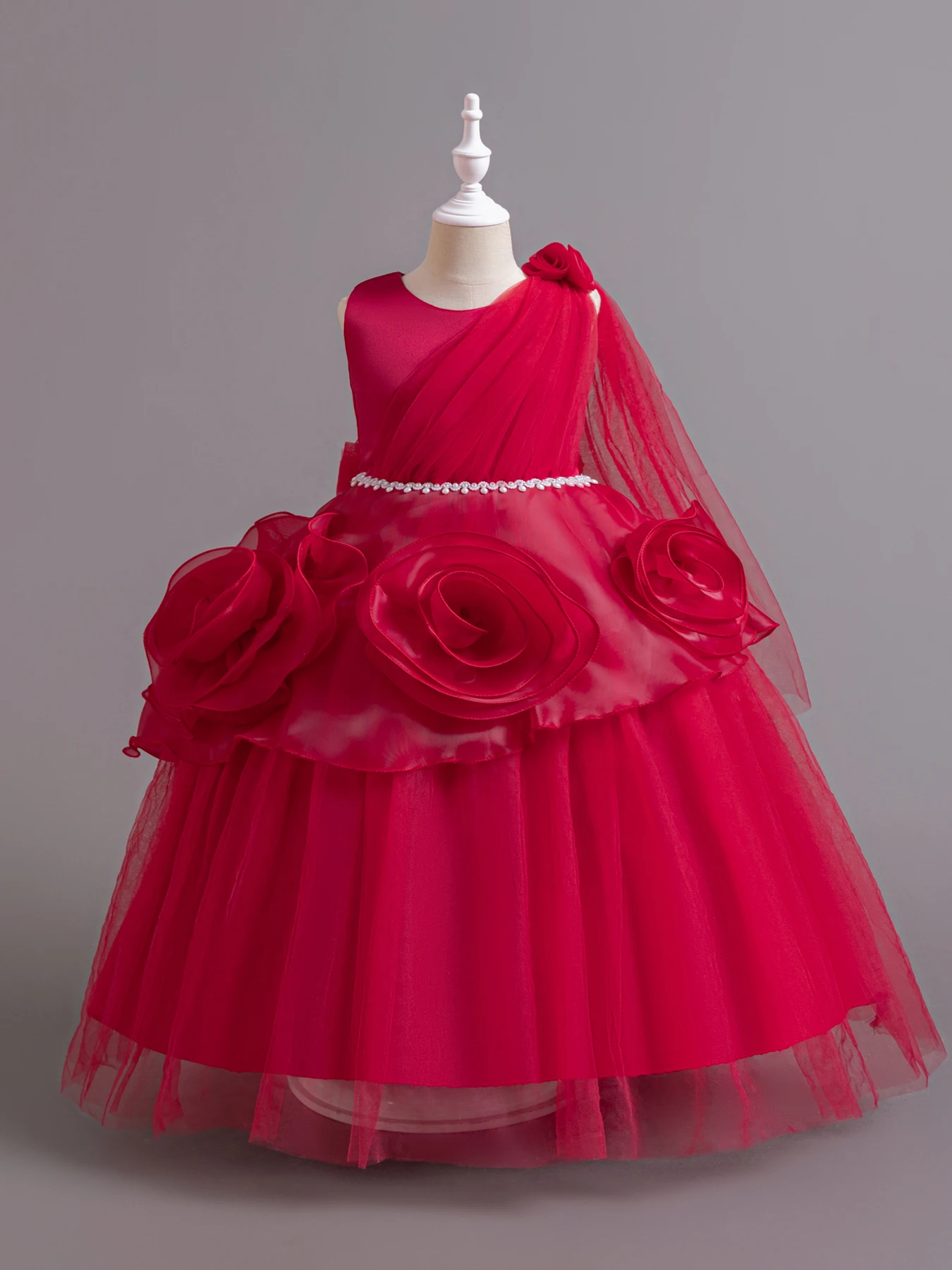 

Красное асимметричное длинное платье без рукавов с большим цветочным украшением, сетчатая юбка принцессы, свадебное платье с цветочным узором для девочек, костюм для фортепиано