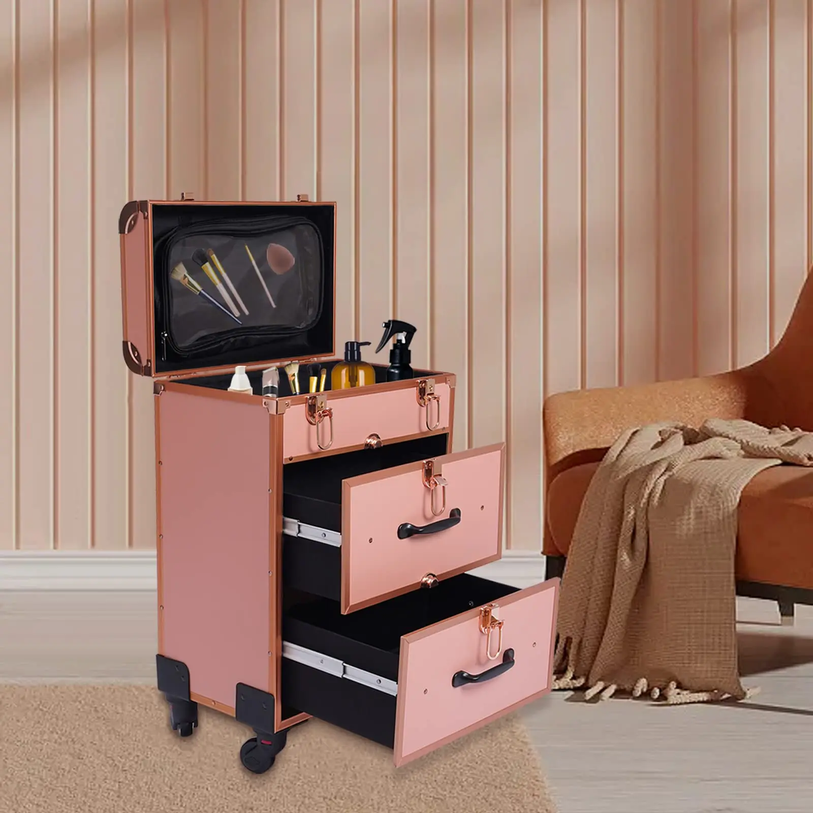 Travel Makeup Case Rolling Cosmetic Train Case for Storage, 3 Layer Aluminum Alloy Frame Make-Up Artists Nail Technicians Lockable