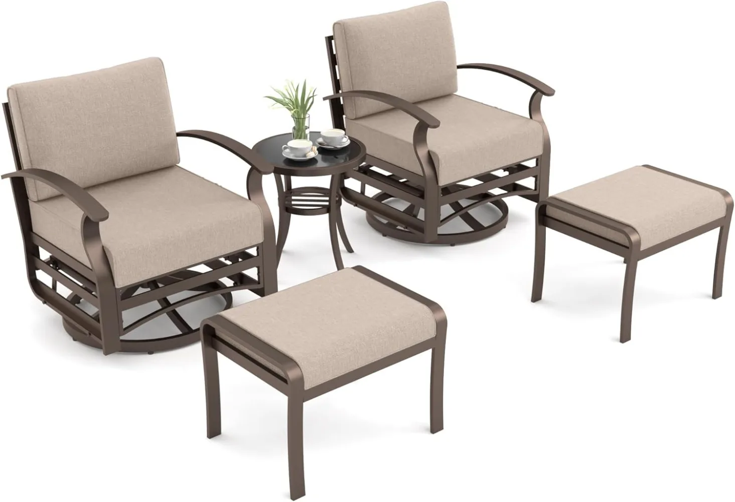 5 Piece Patio Outdoor Aluminum Metal Swivel Rocking Chair with 2 Footstools, 1 Coffee Table and 2 Khaki Padded Cushions