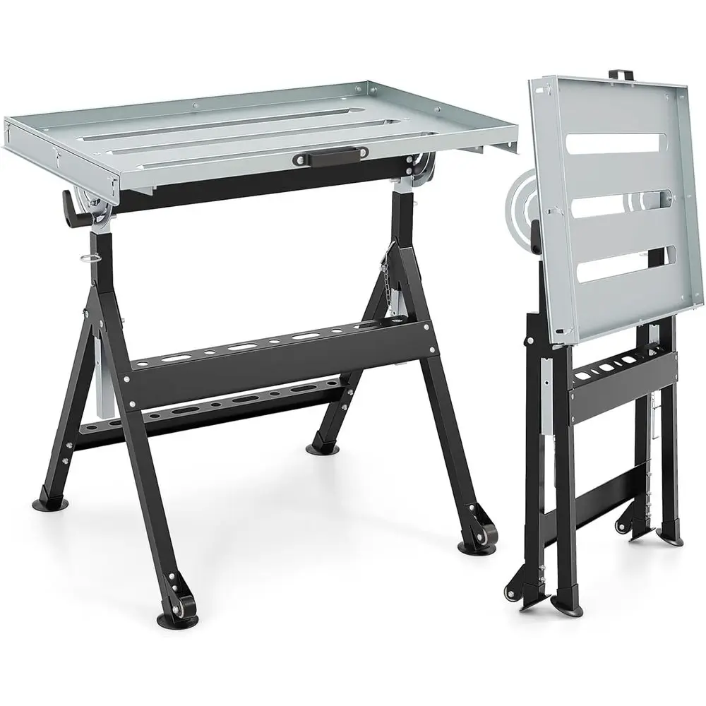 

Sturdy Welding Workbench with 78x51cm Top, Adjustable Height, 5 Tilt Angles, 3 Slots, 2 Racks, 400 lbs Capacity