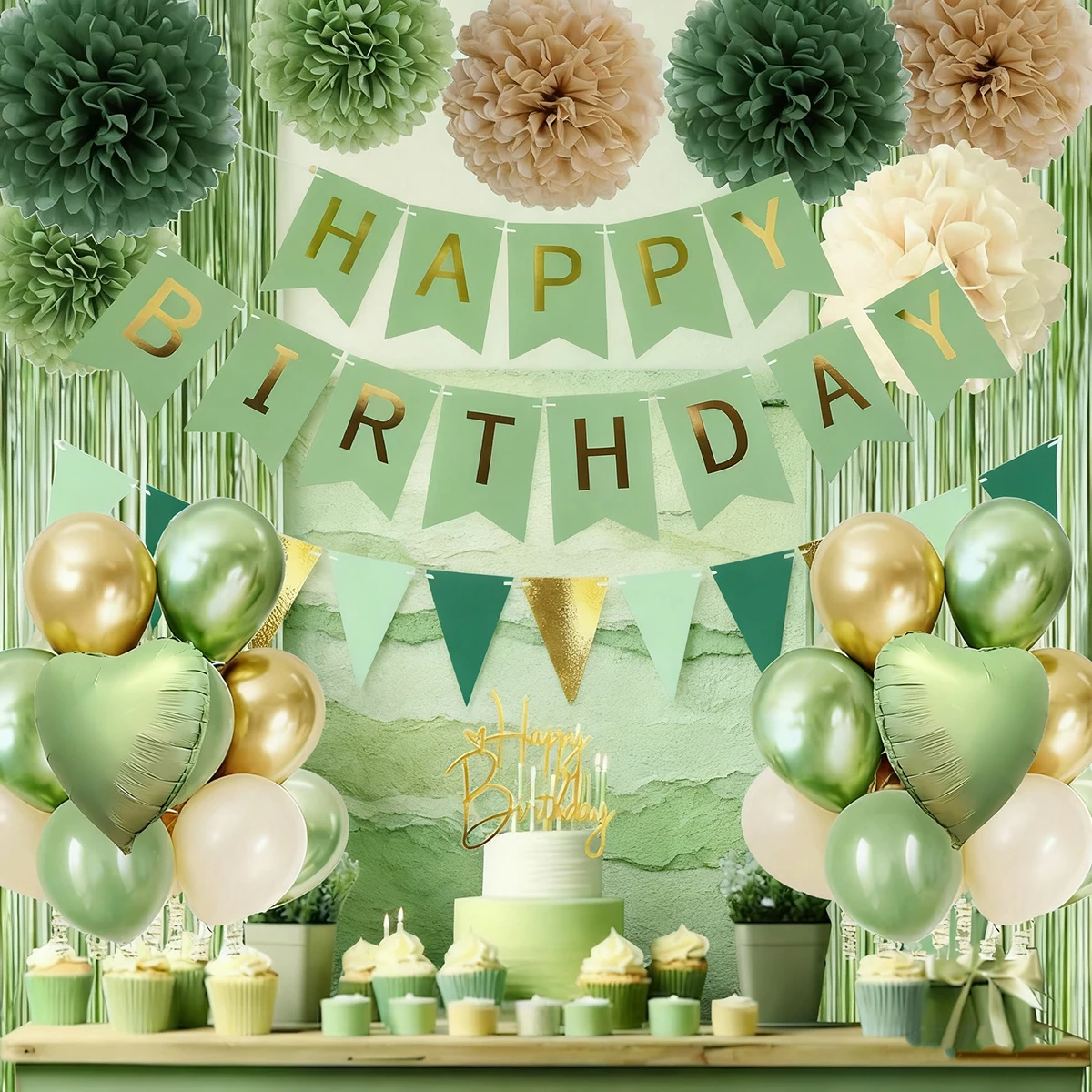 Salbeigrüne Geburtstagsparty-Dekoration – goldene Luftballons, Olivgrün-Banner und Fransenvorhang, neutral für alle Altersgruppen