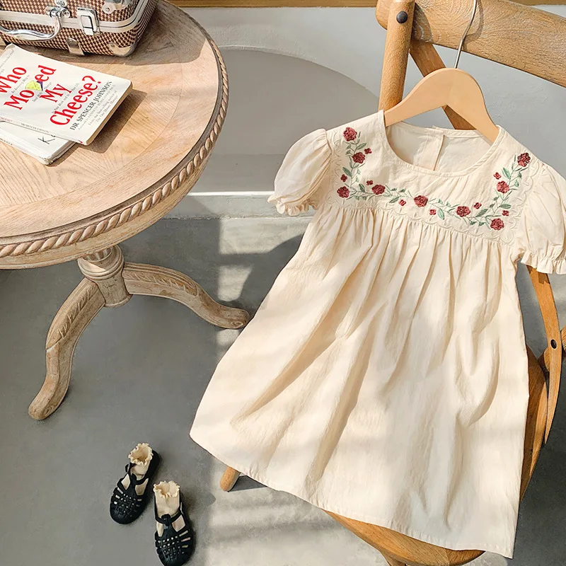 French Embroidered Floral Girls' Dress2025Summer New Stylish Short Sleeve Baby Girl Dress Direct Supply