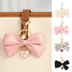 New Style Cloth Bowknot Keychain Bag Charm Ornament Mobile PendantFabric Ribbon Bow Keyring Car Key Holder With False Pearl