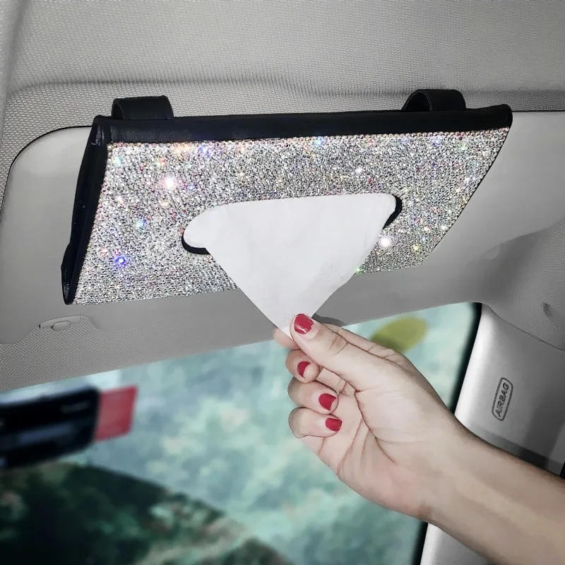 

Bling Crystal Car Tissue Box Sun Visor Diamond Leather Auto Tissue Paper Holder Case Sunvisor Hanging Napkin Car Accessories