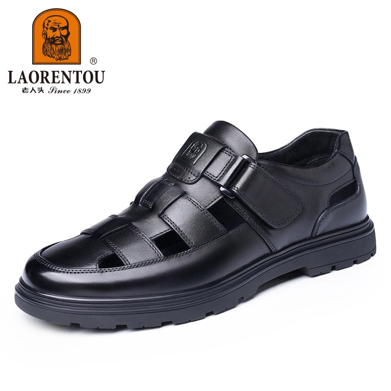 LAORENTOU leather sandals, men\'s breathable hollow hole shoes, toe wrapped cowhide, anti slip and wear-resistant casual  shoes