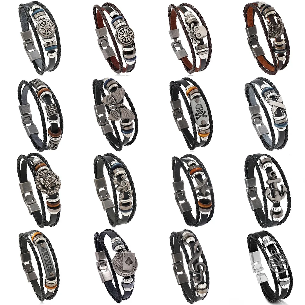 

Кожаный браслет в стиле панк, двойной синий браслет из воловьей кожи, ручная цепочка, модные украшения, аксессуар для рук, винтажный браслет в стиле панк