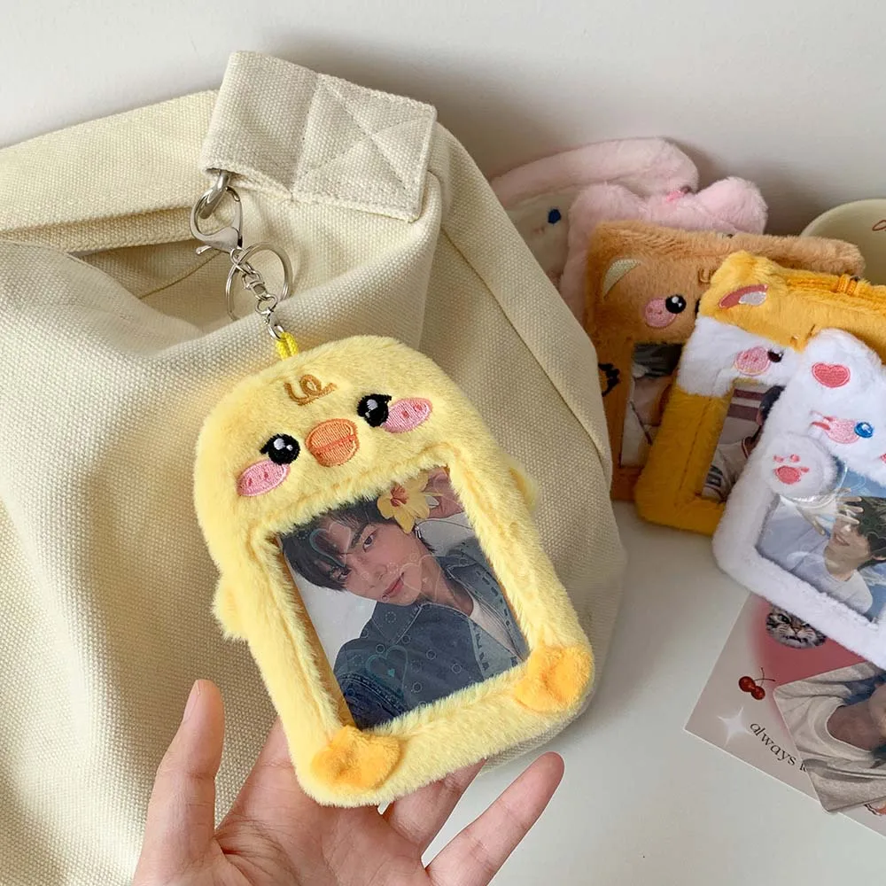 Korean Style Idol Cartoon Photocard Holder Card Sleeve Cat Pig Yellow Duck Bear Animal Card Cover with Keychain Pendant Kawaii
