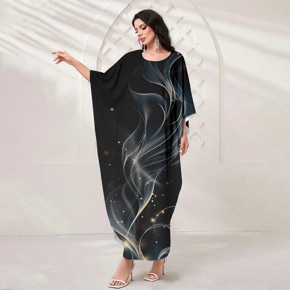 Eid Muslim Party Women's Robe Bat Sleeve Textured Printed Ramadan Robe Moroccan Women's Elegant Dress Dubai Noble Clothing 2024