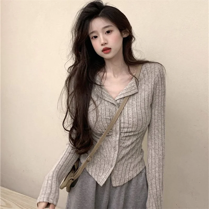 American Sle Knitted Sweater Women's Long Sleeve Turn-down Collar Slimming Design Autumn Fashion Top Age-reducing Trend