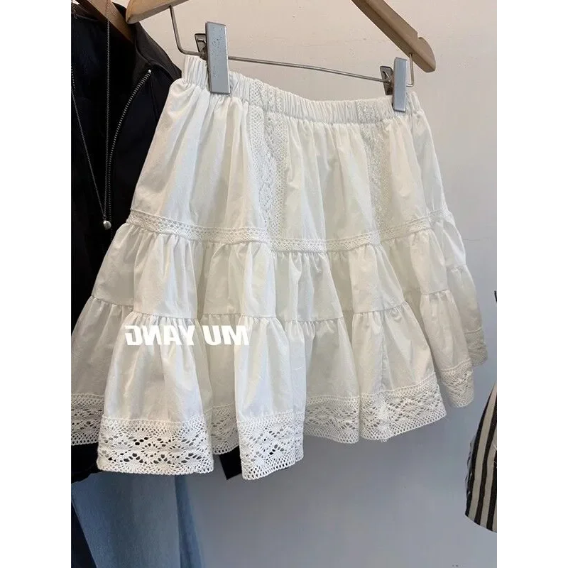 Women High Waist Lace Ruffle Tiered Mini Skirt Solid White A Line Flowy Cake Skirt Petite Summer Casual Bottoms