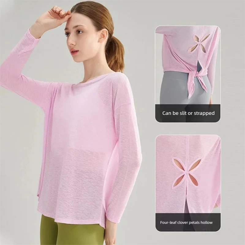 

Бамбуковая пряжа, тонкая дышащая пряжа для фитнеса на открытом воздухе, топ для пилатеса, женская красивая спортивная блузка с длинными рукавами на спине, рубашки