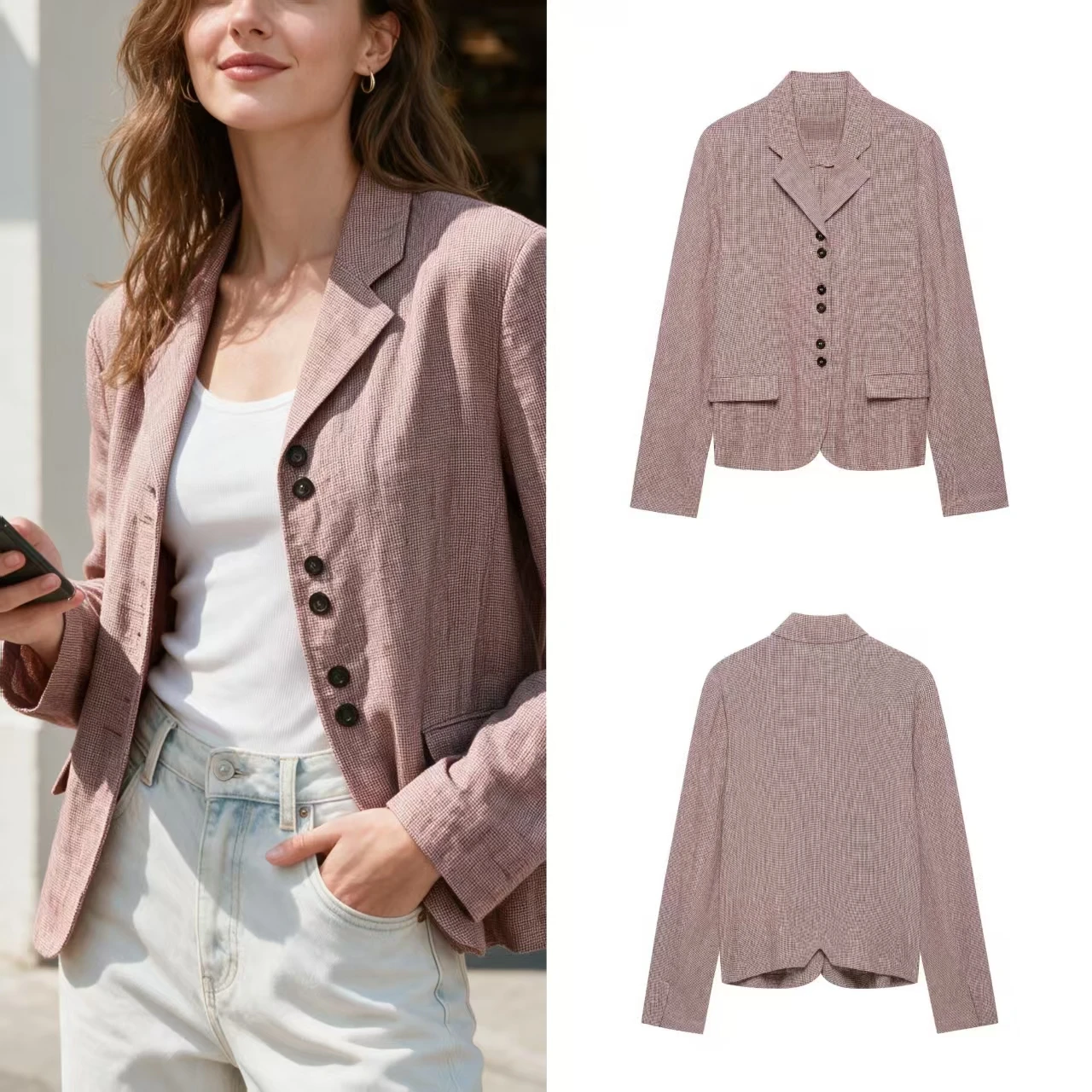 Blazer pour femmes de style minimaliste 2026, col à revers, simple boutonnage, poche, coupe ajustée, manteau chic pour le bureau et les trajets quotidiens.