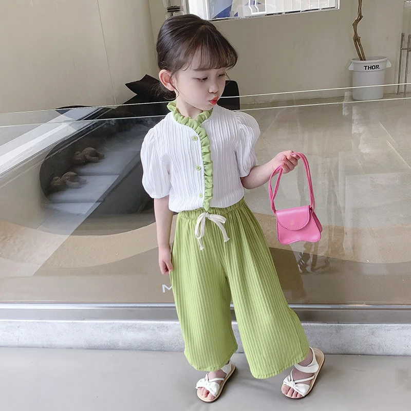 2022 Summer New Girls Clothing Sets Korean Version Of Green Lace Short-Sleeved Top +Nine Points Wide-Leg Pants Sweet 2Pcs Suit