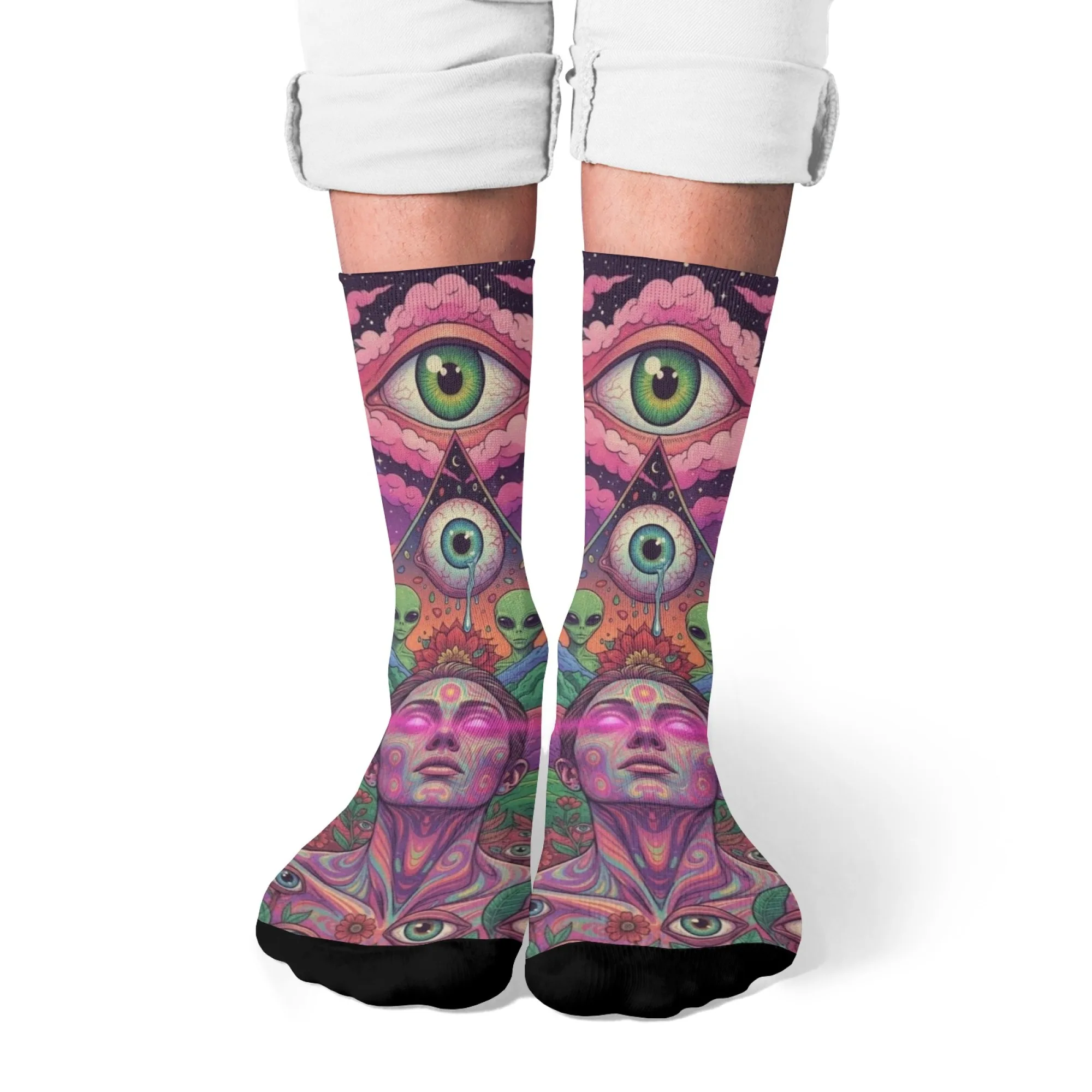 Mystery Eyes Happy Alien Psychedelic Socks Casual Fashion Men's Socks Novelty Funny Compression Socks Crazy Street Hip-Hop Socks