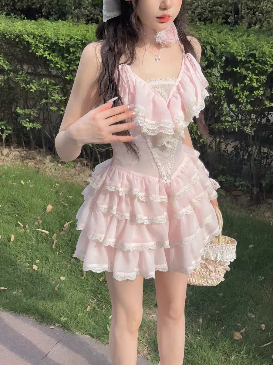 Princess sweet lolita bobon21 bow lace Antique doll style lotus leaf suspender dress/ top TD2339