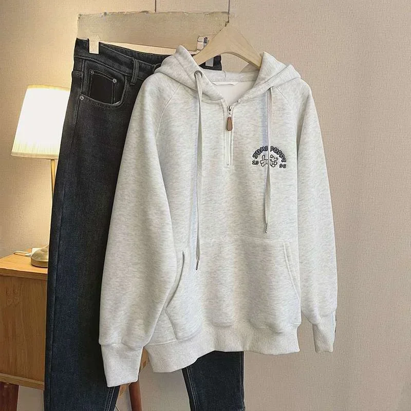 Shi Yinxin Fashion Cartoon Embroidered Hooded Sweatshirt Women 2024 Spring and Autumn Thin American Loose Half Zip y2k Trendy