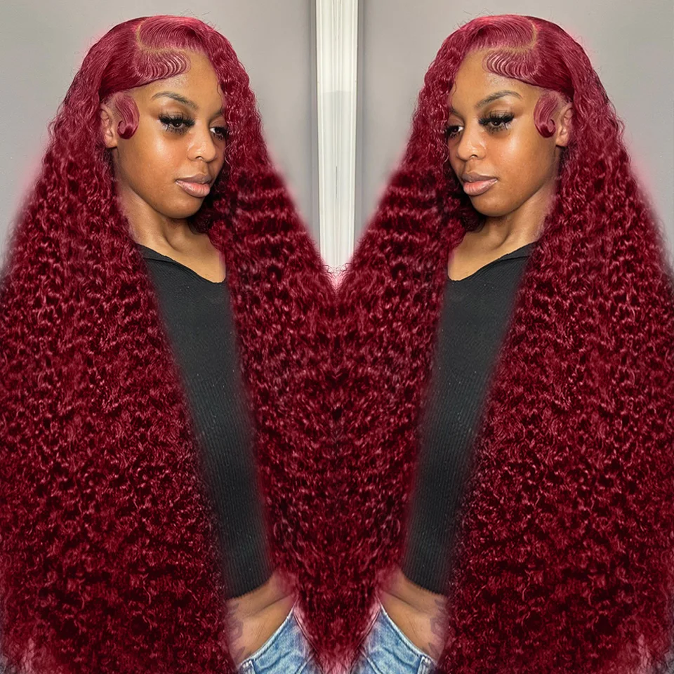 13x4 Deep Wave Frontal Wig 13x6 HD Lace Frontal Human Hair Wigs Colored 30 34 Inch Red Burgundy Curly Lace Front Human Hair Wigs