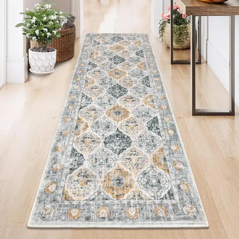VIKAMA Boho Diamond Runner, Non-Slip Washable Carpet for Hallway, Entryway, Kitchen & Living Room Decor
