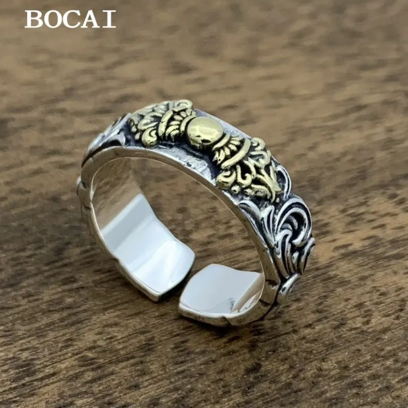 BOCAI NEW S925 Sterling Silver Retro Personalized Tang grass Pattern Diamond Pestle Adjustable Ring Men's Gift