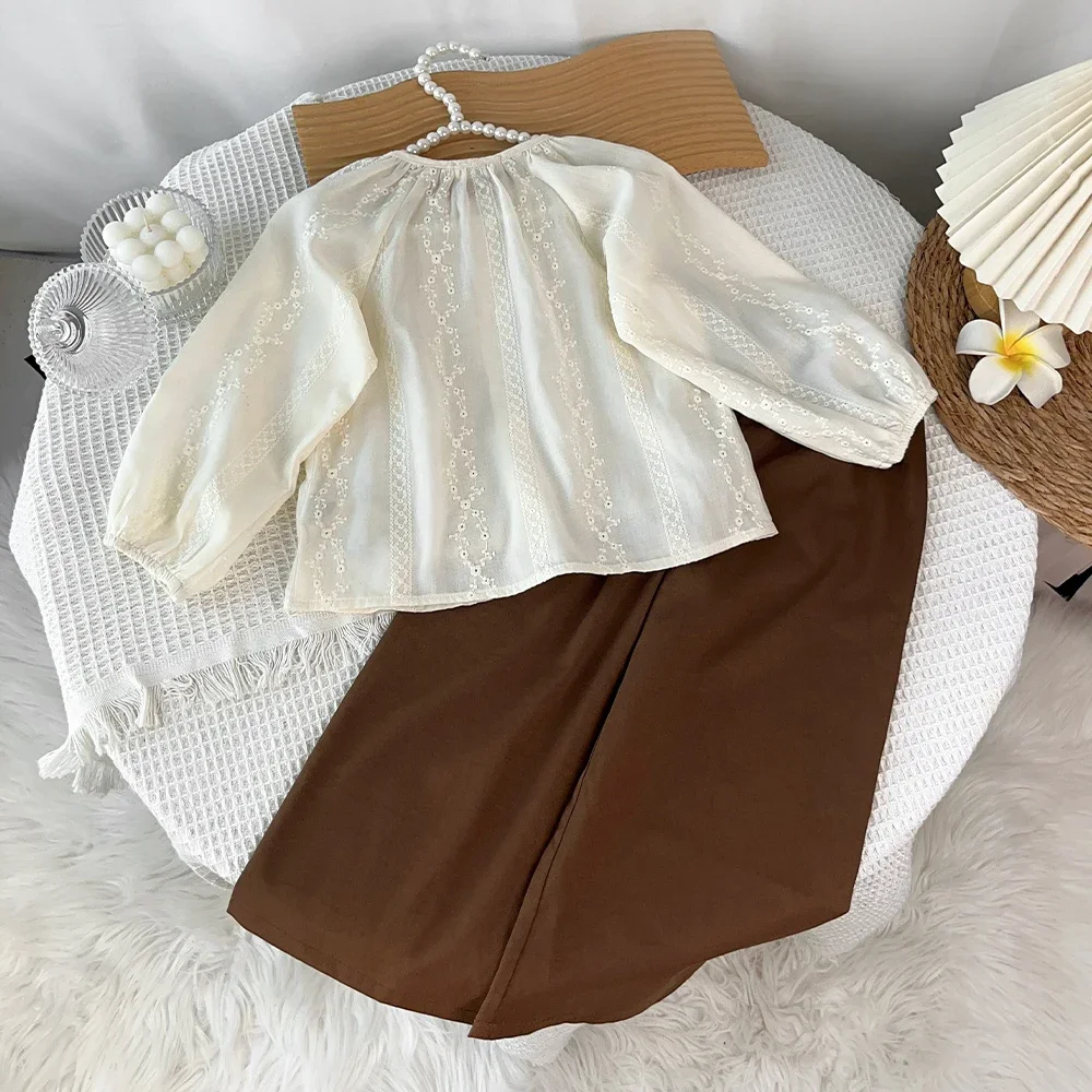 3-7 Jahre Alte Mädchen im Koreanischen Stil Einfarbiges 2-Teiliges Outfit Herbst Langarm-Bluse Weite Hose Set Kinder Freizeitkleidung Anzug – Detail 3