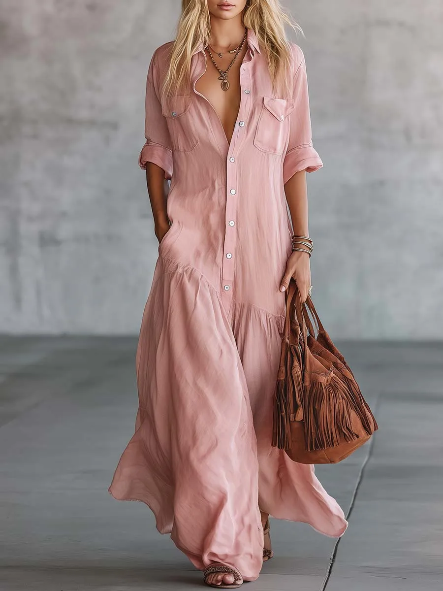 Vestido Camisero de Lino y Algodón para Mujer, Estilo Casual Retro, Manga Corta, Cuello en V, Botones Delanteros, Vestido Maxi Elegante con Pliegues y Bolsillos, Vestido de Vacaciones