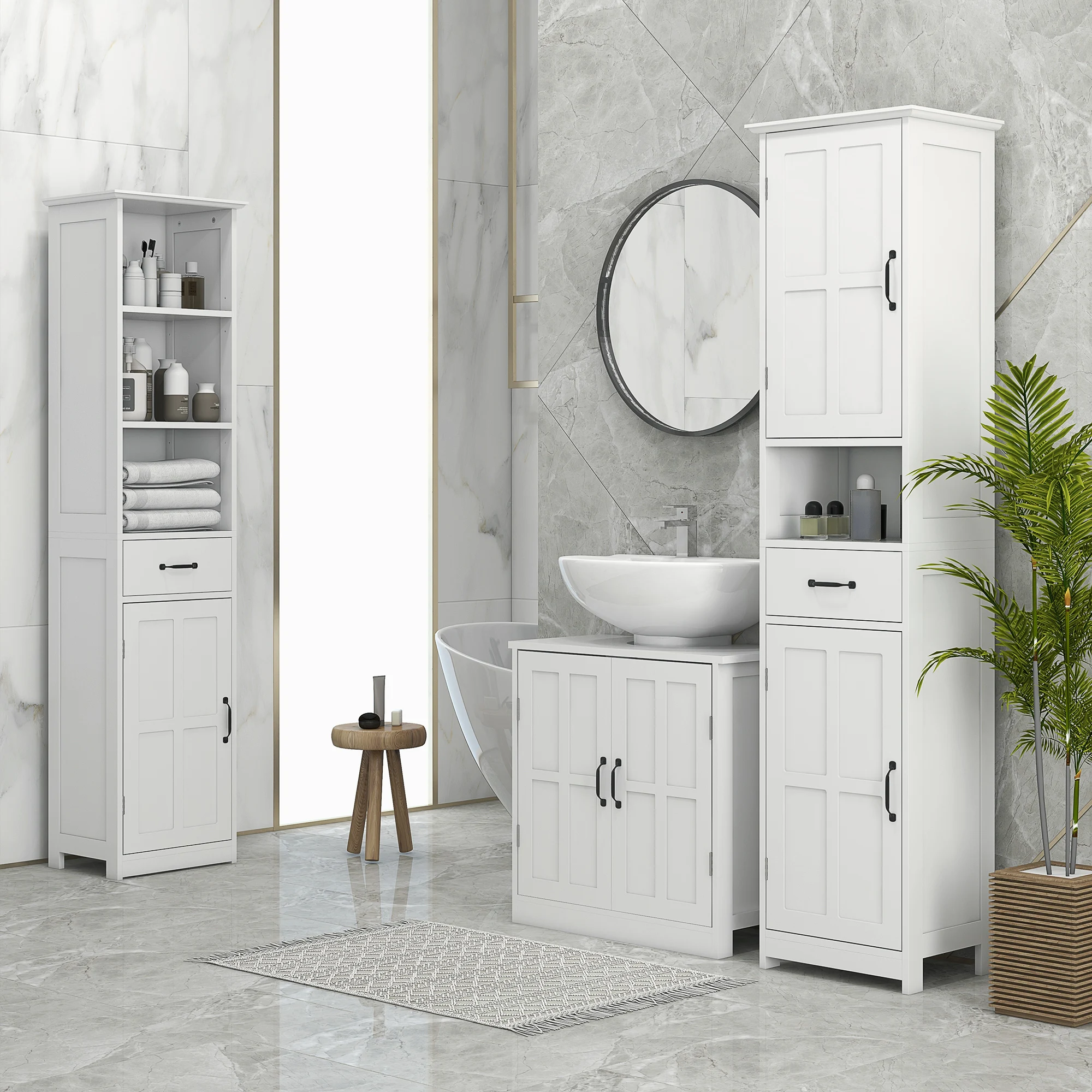 Modern Bathroom Cabinet, Narrow Storage Cabinet with Open Shelf, Drawer, Recessed Doors and Adjustable Shelves, White