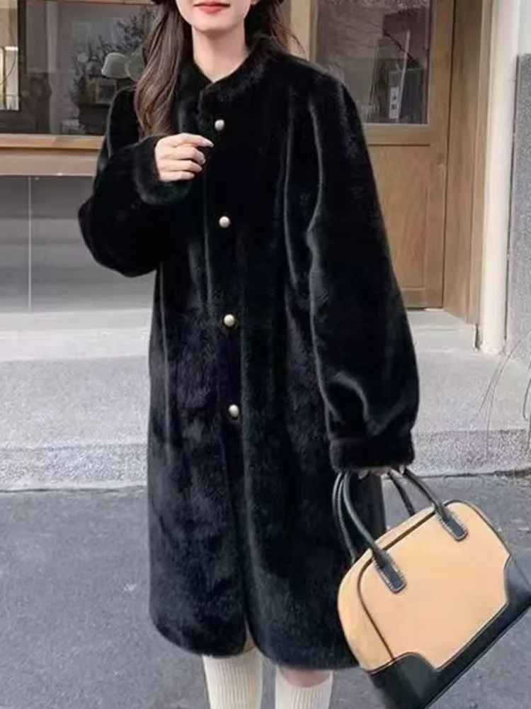 معطف نسائي من الفرو الصناعي من ZMEENNA ملابس خارجية شتوية دافئة وياقة ثابتة وأزرار ذهبية واحدة الصدر أنيقة باللون الأبيض ZM4465