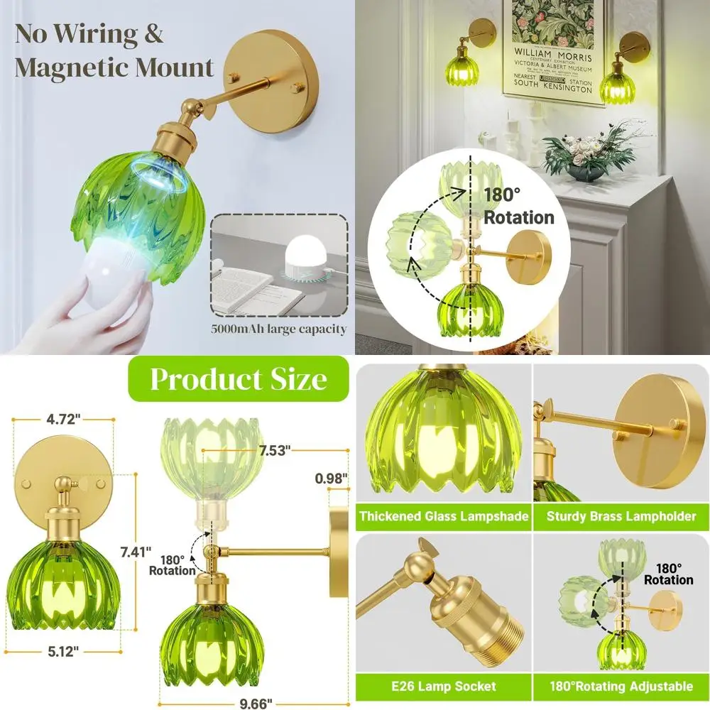 

Set of 2 Vintage-Style Battery Wall Sconces, Wireless with Green Tulip Glass, Rechargeable & Remote Controlled for Home Decor