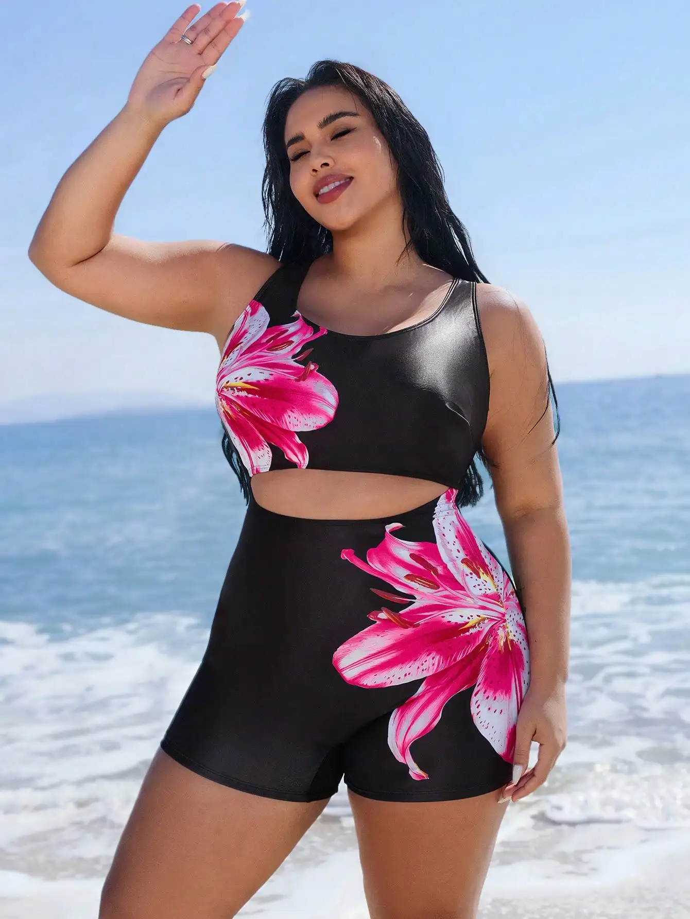 Floral Print Sporty Plus Size Two Piece Swimsuit For Women