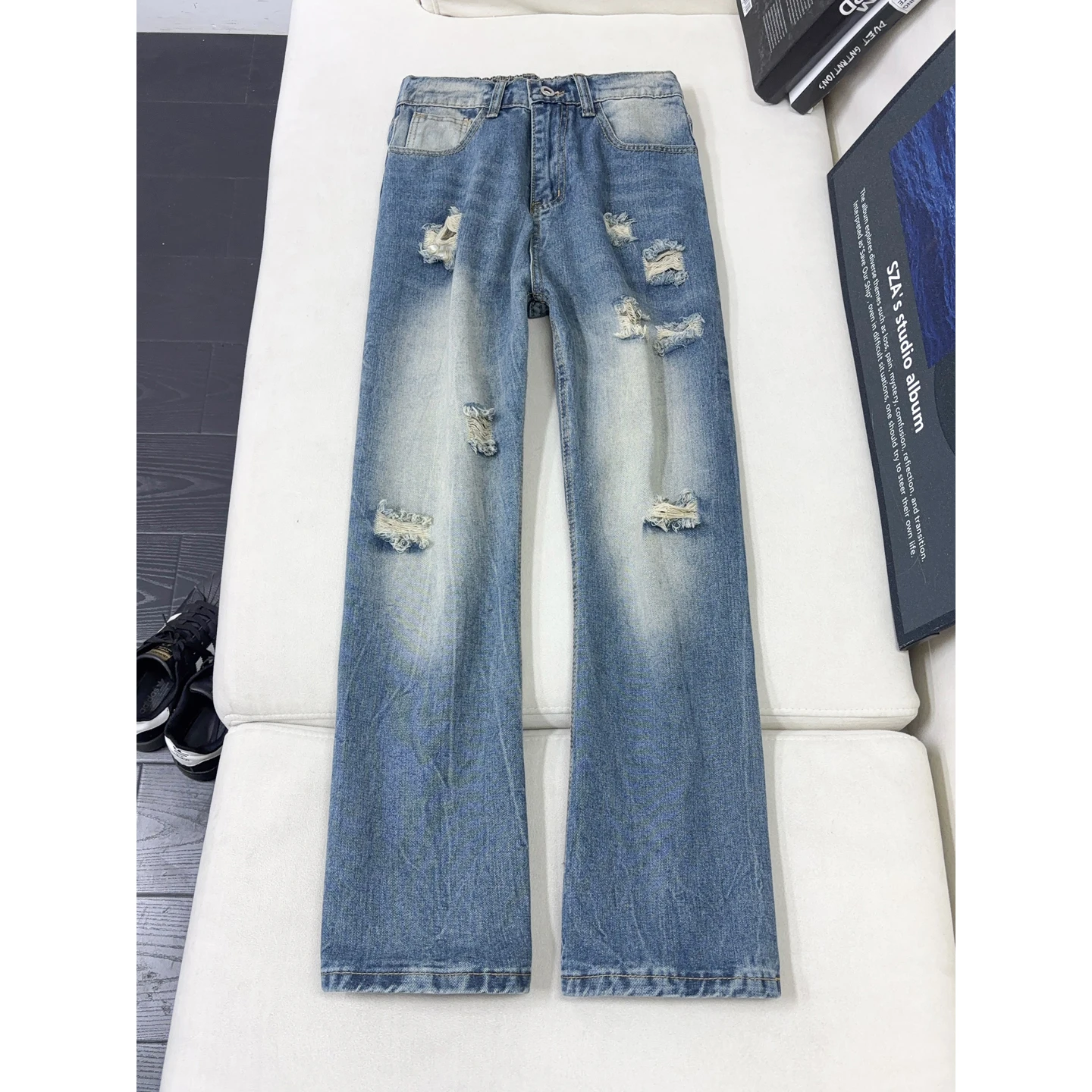 Y2K Dark Aesthetic Distressed Jeans, Unisex Loose Fit Cargo Denim Pants, Streetwear Wide Leg Broken Hole Jeans