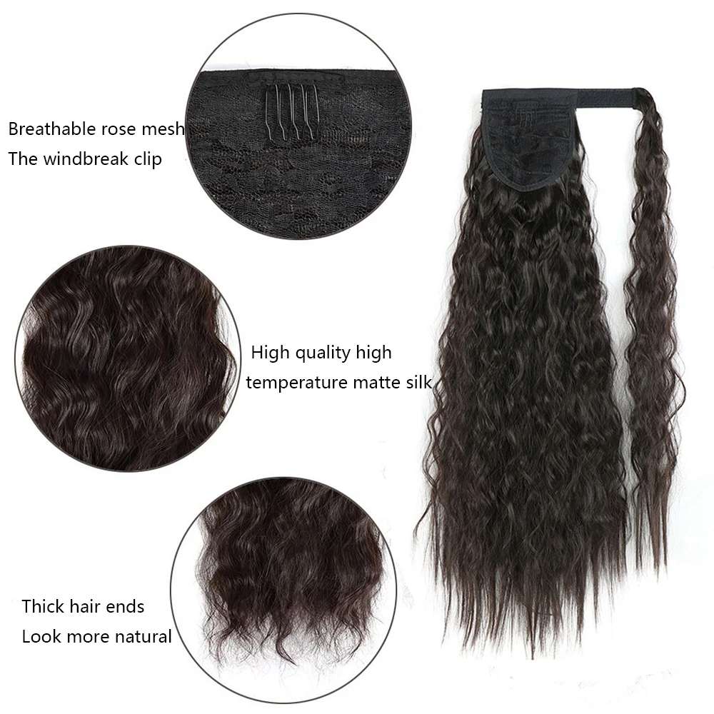 1Set 24Inch Velcro Hair Extension Corn Perm Fluffy Long Bouncy Curly Ponytail Water Ripple Synthetic Hairpiece Ponytail Wig