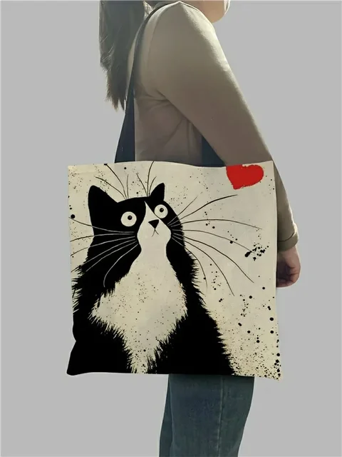 Gato peludo frito puede ser hombro reutilizable lindo gato de dibujos animados campus estudiantes clase zip bolso de tela
