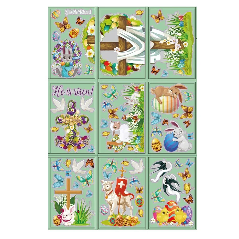 9PCS Easter Window Clings, Double Sided Bunny Cross Eggs Pigeons No Residue Easter Holiday Decals Party Supplies