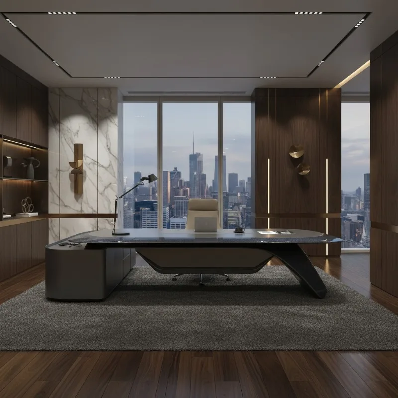 Contemporary High-End Executive Desk, Spacious CEO Office Workstation with Side Storage, Premium Boss Desk for Home & Commercial