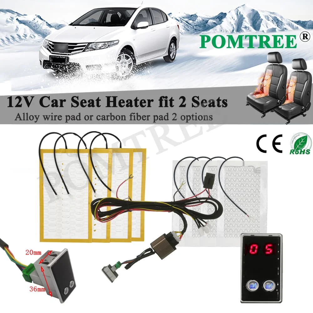 

New Build-in Car Seat Heater Kit Fit 2 Seats Universal Alloy Wire/Carbon Fiber Heating Pad Single 5-level Display Control Switch