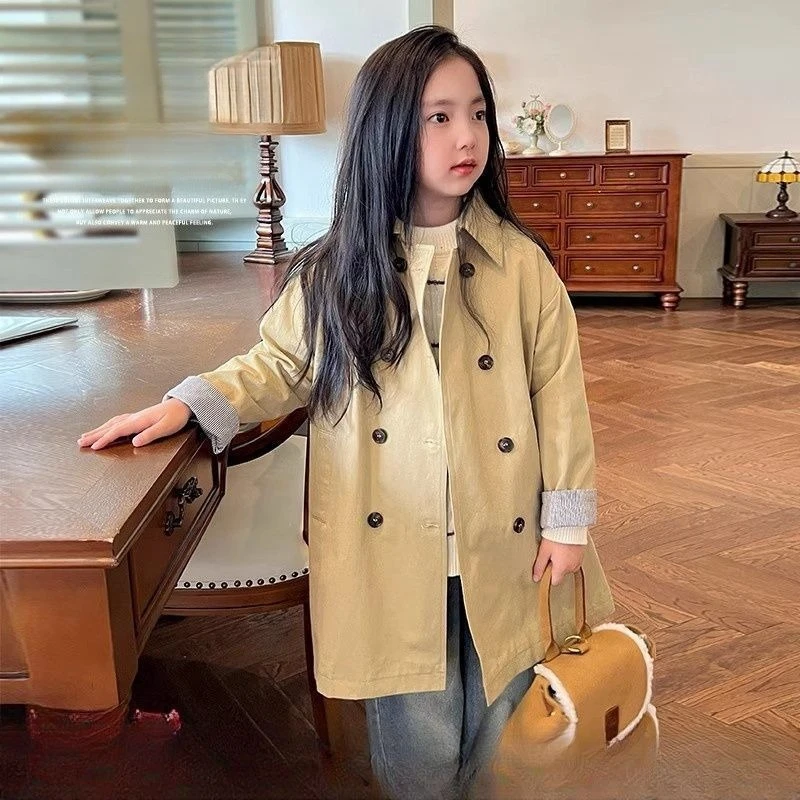 Stylish British Style Girls' Mid Length Trench Coat 2025 Spring Autumn Kids' Korean Design Cotton Coat