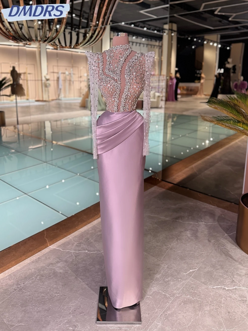 

Shiny Crystal Sheath Satin Long Evening Dress For Women Illusion High Collar Wedding Party Gown Customized Dreamy Prom Dresses