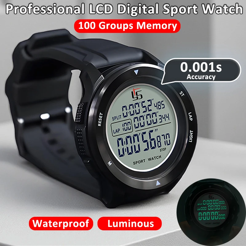 Chronometer, 100 Gruppen, Speicher, Stoppuhr, 0,001 Sekunden Genauigkeit, professionelle LCD-Digital-Sportuhr, wasserdicht, leuchtende Stoppuhr, Timer