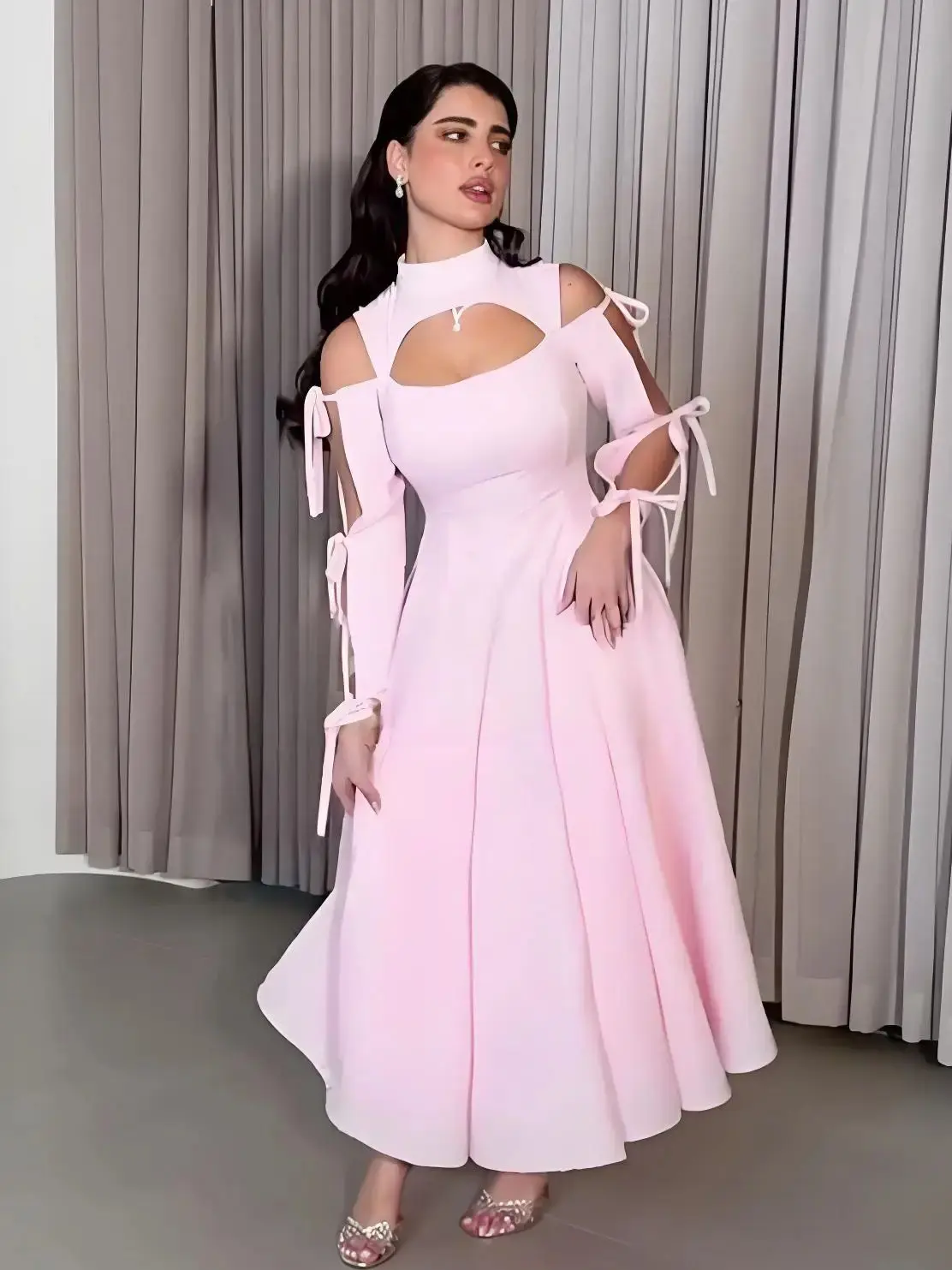 

Beshinel Customized Pink Satin Bow Tie Prom Dresses 2025 Long Sleeves Elegant Sweet A Line Evening Gowns Floor Length Vestidos