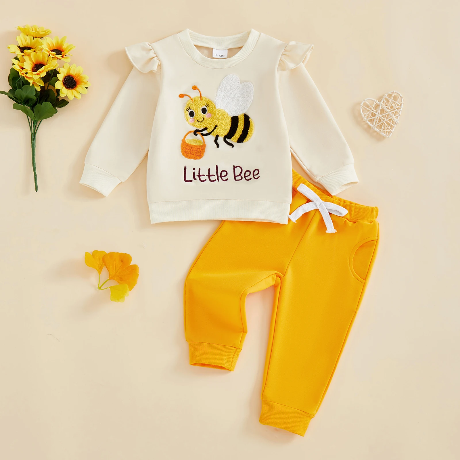 Tregren Toddler Baby Girl Spring Fall Outfits Bee Letter Embroidered Crew Neck Long Sleeve Sweatshirt and Pants 2 Pcs Cloths Set